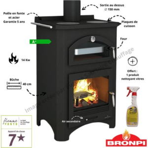 Bronpi – Cuisinière à bois 14 kW avec four et plaque de cuisson – Rendement 85% – Capacité bûches 40 cm – Design rectangulaire en fonte – Image 3