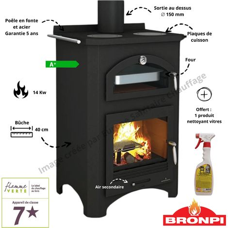Bronpi – Cuisinière à bois 14 kW avec four et plaque de cuisson – Rendement 85% – Capacité bûches 40 cm – Design rectangulaire en fonte