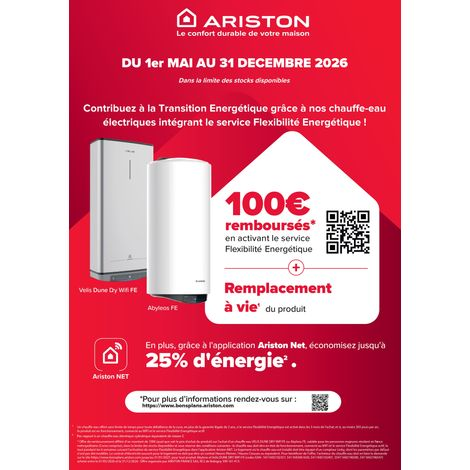 Chauffe-eau Electrique Plat Ariston VELIS DUNE DRY WIFI 80L Connecté, Anticalcaire & Multiposition