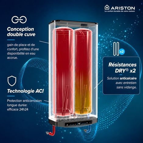 Chauffe-eau Electrique Plat Ariston VELIS DUNE DRY WIFI 80L Connecté, Anticalcaire & Multiposition
