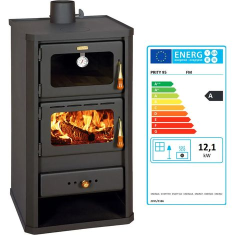 Prity – Poêle à bois avec four 12 kW – Sortie de fumée supérieure – Chambre de combustion en briques réfractaires – Dimensions 490x460x930 mm