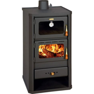 Prity – Poêle à bois avec four 12 kW – Sortie de fumée supérieure – Chambre de combustion en briques réfractaires – Dimensions 490x460x930 mm – Image 1