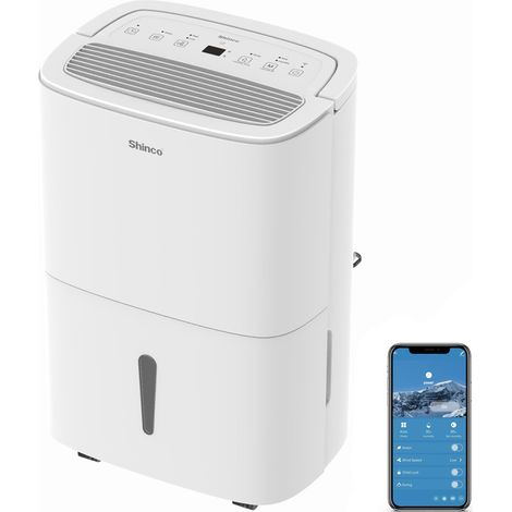 Shinco – Déshumidificateur 50L/jour pour pièces jusqu'à 55m² – Drainage continu, contrôle APP, filtre à charbon actif – Mode séchage et silence
