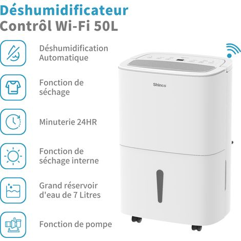 Shinco – Déshumidificateur 50L/jour pour pièces jusqu'à 55m² – Drainage continu, contrôle APP, filtre à charbon actif – Mode séchage et silence