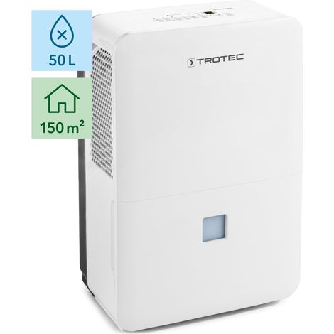 Trotec – Déshumidificateur électrique portable 46,8 l/24 h – Pour 150 m² – Hygrostat intégré – Débit d'air 345 m³/h – Arrêt automatique bac plein