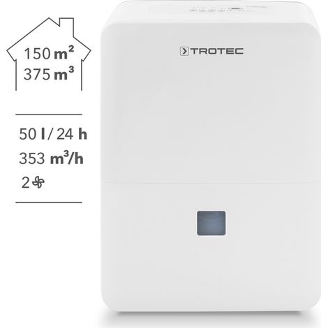 Trotec – Déshumidificateur électrique portable 46,8 l/24 h – Pour 150 m² – Hygrostat intégré – Débit d'air 345 m³/h – Arrêt automatique bac plein